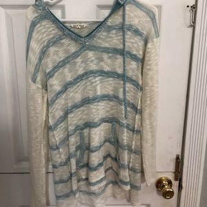 blue and white stripped hooded sweater